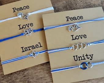 Peace Love Unity String bracelet set - 3 adjustable bracelets, friendship bracelets, jewelry to show support of Israel, dove, Unity rings