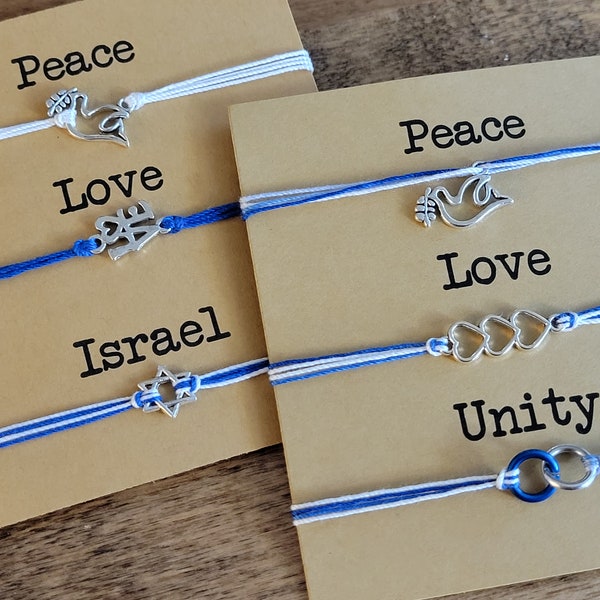 Peace Love Unity String bracelet set - 3 adjustable bracelets, friendship bracelets, jewelry to show support of Israel, dove, Unity rings