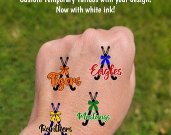 Custom Temporary Tattoos for Field Hockey Teams - Crossed sticks with coquette bow, Team Spirit, School colors, High school travel team