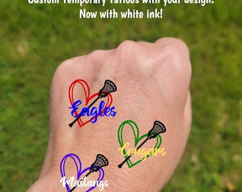 Custom Temporary Tattoos for Lacrosse - heart with lacrosse stick and custom text, Team Spirit, team party favors, tournament gift bags