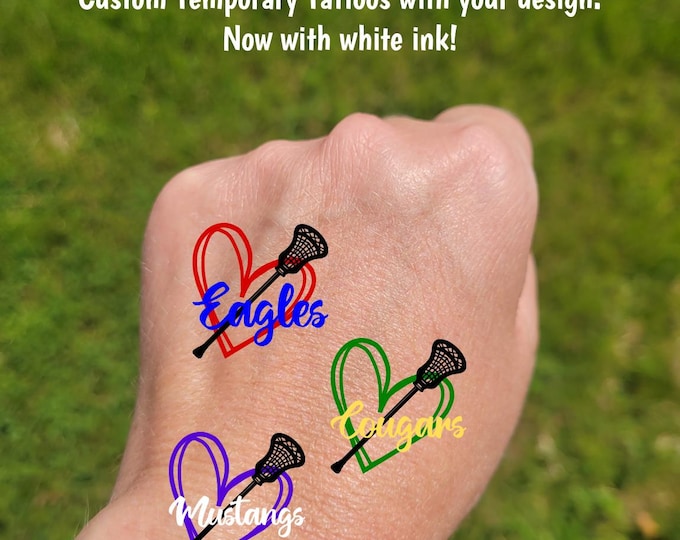 Custom Temporary Tattoos for Lacrosse - heart with lacrosse stick and custom text, Team Spirit, team party favors, tournament gift bags