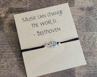 Music String bracelet and gift card - adjustable bracelet or anklet, string charm bracelet, music gift for concert or recital, treble clef
