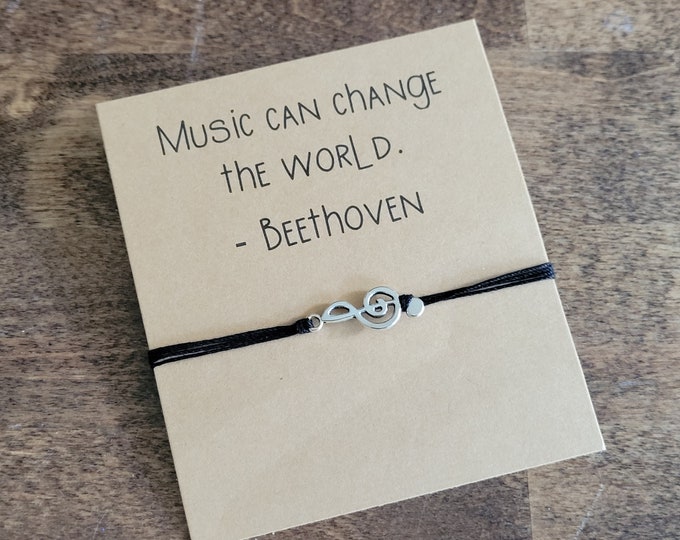 Music String bracelet and gift card - adjustable bracelet or anklet, string charm bracelet, music gift for concert or recital, treble clef