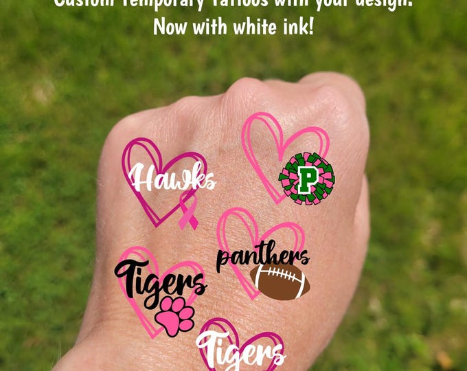 Custom Temporary Tattoos for beast cancer awareness football games - cheerleader tattoos with pom pom, football with heart, pink out game