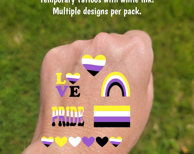 Temporary Tattoos for Pride parades and events - Nonbinary pride temporary tattoos, LGBTQ+ Ally, Nonbinary Flag hearts rainbows, they/them
