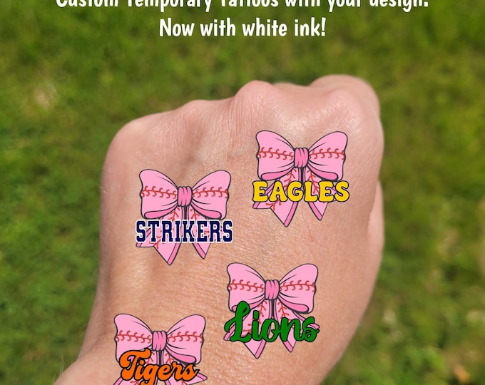 Custom Breast Cancer Awareness Temporary Tattoos for baseball or softball - softball or baseball pink coquette bow and custom text, tee ball