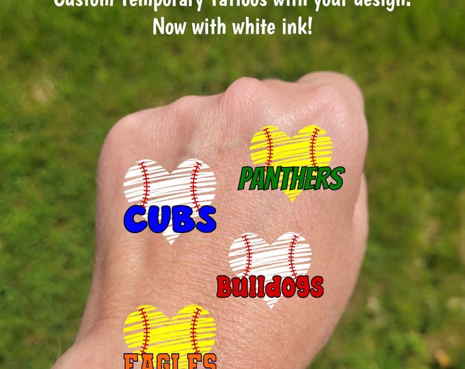 Custom Temporary Tattoos for baseball or softball - softball or baseball brush stroke heart and custom text, Team Spirit, School colors
