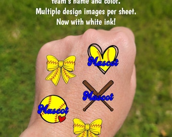 Custom Temporary Tattoos for softball baseball tee ball games - custom face tattoos with ball, bats, heart softball, coquette bow, team name