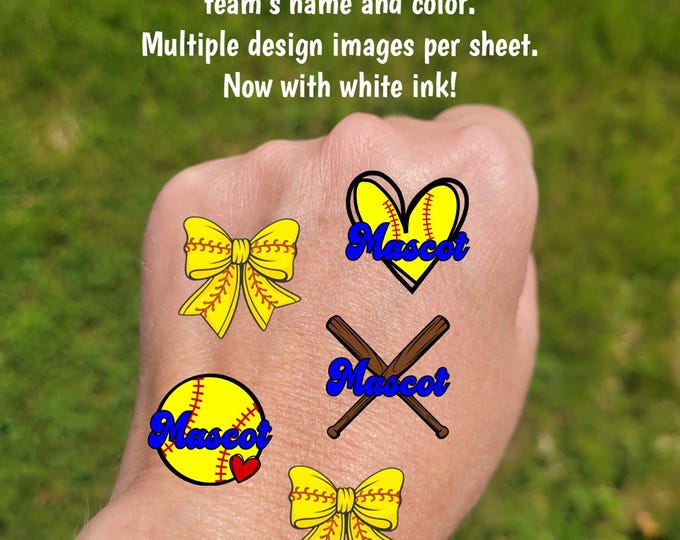 Custom Temporary Tattoos for softball baseball tee ball games - custom face tattoos with ball, bats, heart softball, coquette bow, team name