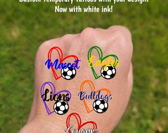 Custom Temporary Tattoos for soccer - heart with soccer ball and custom text, football fan, Team Spirit, School colors, futsal team gift