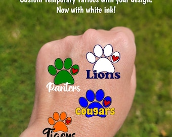 Custom Temporary Tattoos for football games - cheer tattoos with sketch paw print heart custom text, Team Spirit, School colors, cougar cats
