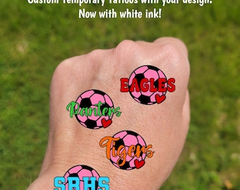 Custom Breast Cancer Awareness Temporary Tattoos for soccer - heart with pink soccer ball and custom text, Team Spirit, School colors