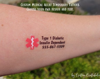 Custom Temporary Medical Alert / Contact Info Tattoos - Name / Phone Number tattoos for food allergies, diabetes, medical conditions, travel