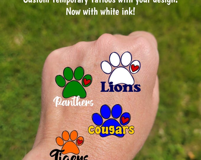 Custom Temporary Tattoos for football games - cheer tattoos with sketch paw print heart custom text, Team Spirit, School colors, cougar cats