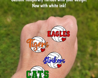 Custom Temporary Tattoos for volleyball games - sketch volleyball with heart and custom text, Team Spirit, School colors, mascot, team gift