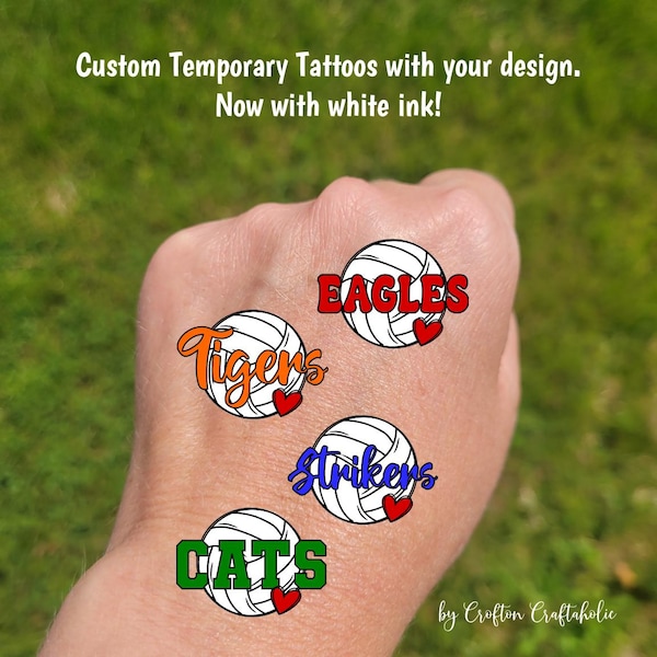 Custom Temporary Tattoos for volleyball games - sketch volleyball with heart and custom text, Team Spirit, School colors, mascot, team gift