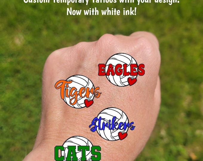 Custom Temporary Tattoos for volleyball games - sketch volleyball with heart and custom text, Team Spirit, School colors, mascot, team gift