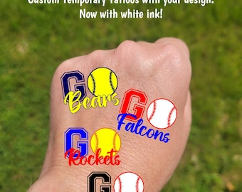 Custom Temporary Tattoos for baseball and softball - GO Team, Team Spirit, School colors, softball tournament, little league world series