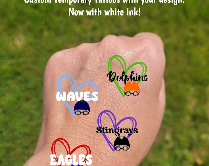 Custom Temporary Tattoos for Swim Teams - Heart with swim cap goggles text, Team Spirit, School colors, High school swim team, swim club