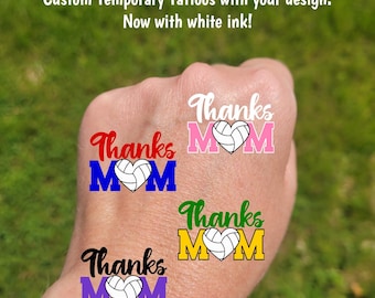 Custom Temporary Tattoos for Mother's Day - soccer ball heart with MOM, Thanks MOM, Team colors, travel team tournament, soccer mom gift