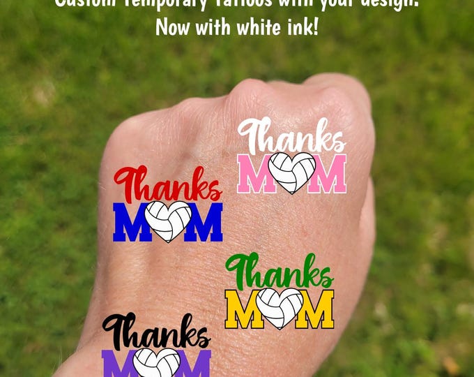 Custom Temporary Tattoos for Mother's Day - soccer ball heart with MOM, Thanks MOM, Team colors, travel team tournament, soccer mom gift