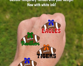 Custom Temporary Tattoos for football games - cheerleader tattoos with retro football, coquette bow and custom text, school mascot colors