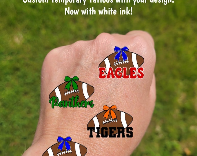 Custom Temporary Tattoos for football games - cheerleader tattoos with retro football, coquette bow and custom text, school mascot colors