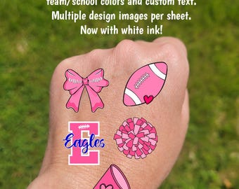 Custom Breast Cancer Awareness Temporary Tattoos for pink out football games - cheerleader tattoos with pink coquette bow pom pom football