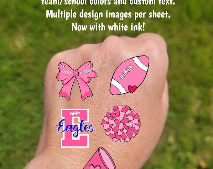 Custom Breast Cancer Awareness Temporary Tattoos for pink out football games - cheerleader tattoos with pink coquette bow pom pom football