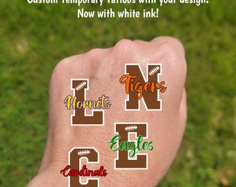 Custom Temporary Tattoos for football games - football letter with custom text, mascot, Team Spirit, School colors, High school cheer team