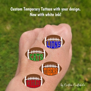 Custom Temporary Tattoos for football games - cheerleader tattoos with football and custom text, Team Spirit, School colors, High school