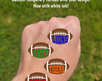 Custom Temporary Tattoos for football games - cheerleader tattoos with football and custom text, Team Spirit, School colors, High school