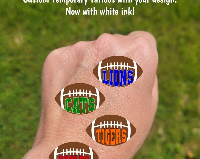 Custom Temporary Tattoos for football games - cheerleader tattoos with football and custom text, Team Spirit, School colors, High school