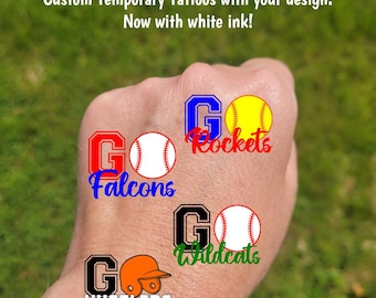 Custom Temporary Tattoos for baseball and softball - GO Team, Team Spirit, School colors, softball tournament, travel baseball team swag