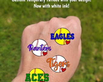 Custom Temporary Tattoos for baseball or softball - softball or baseball with heart and custom text, Team Spirit, School colors, tee ball