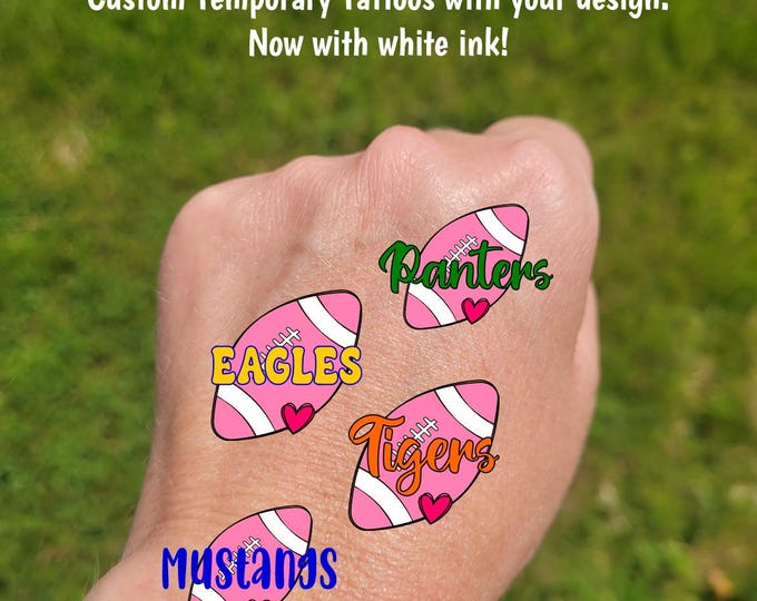 Custom Temporary Tattoos for cancer awareness football games - cheer tattoos with sketch football heart custom text, breast cancer awareness