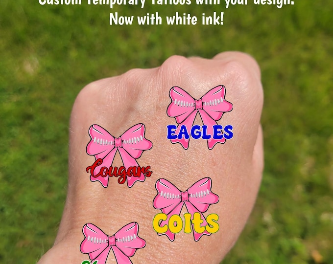 Custom Breast Cancer Awareness Temporary Tattoos for pink out football games - cheerleader tattoos with pink coquette bow and custom text