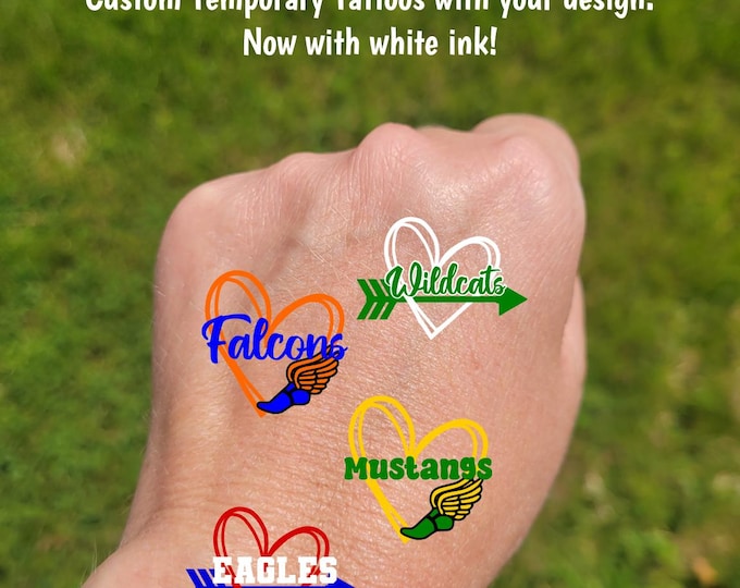 Custom Temporary Tattoos for cross county meets - track tattoos heart with winged foot or heart with track arrow, Team Spirit, School mascot