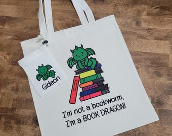Dragon themed My First Library Tote Bag and Library Card Pouch, young bookworm birthday gift, bookish gift for child, animals with books