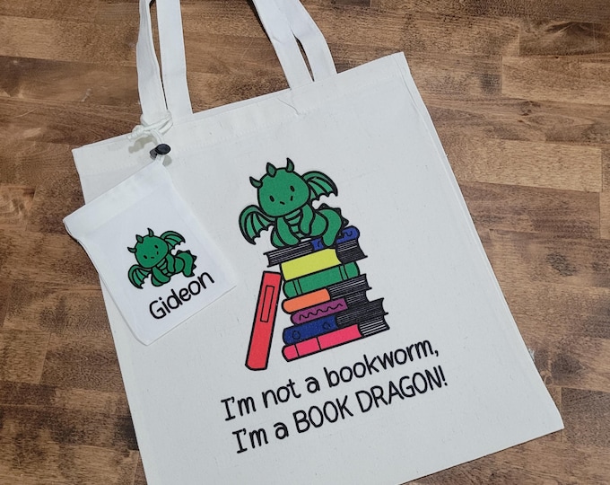 Dragon themed My First Library Tote Bag and Library Card Pouch, young bookworm birthday gift, bookish gift for child, animals with books