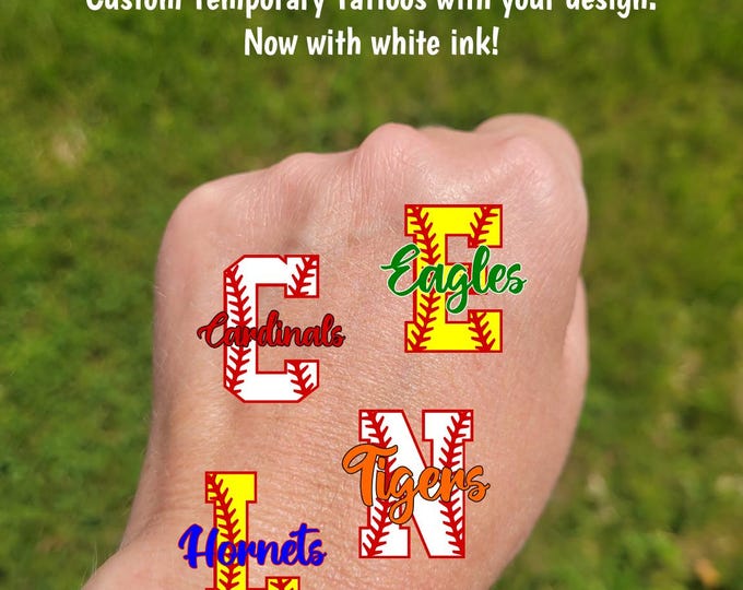 Custom Temporary Tattoos for baseball or softball - softball or baseball with letter and custom text, Team Spirit, School colors, tournament