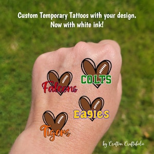 Custom Temporary Tattoos for football games - cheerleader tattoos with heart football and custom text, Team Spirit, School colors, mascot