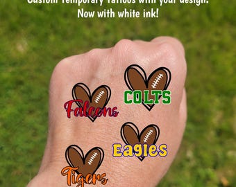 Custom Temporary Tattoos for football games - cheerleader tattoos with heart football and custom text, Team Spirit, School colors, mascot