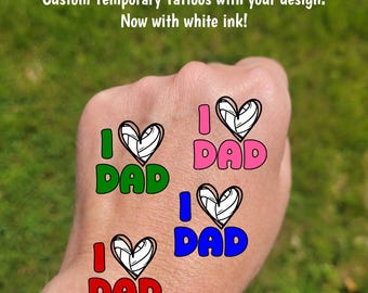 Custom Temporary Tattoos for Father's Day - volleyball heart with DAD, I love DAD, Team colors, travel tournament tattoos, volleyball dad