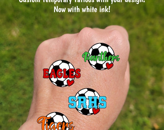 Custom Temporary Tattoos for soccer - heart with soccer ball and custom text, football fan, Team Spirit, School colors, travel soccer gift