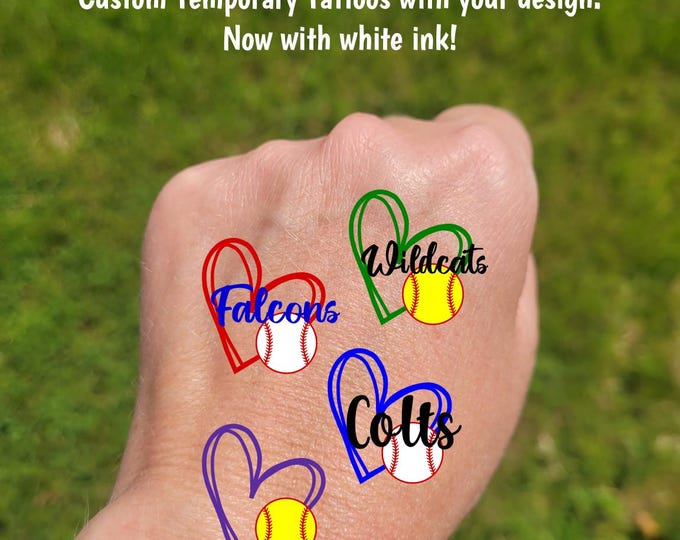Custom Temporary Tattoos for baseball or softball - heart with softball or baseball and custom text, Team Spirit, School colors, tournament