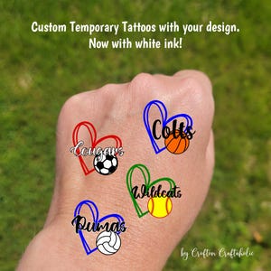Custom Temporary Tattoos for sports - heart with custom text, volleyball, football, soccer, softball, baseball, Team Spirit, School colors