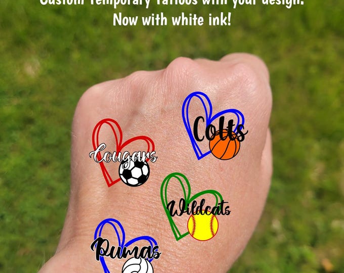 Custom Temporary Tattoos for sports - heart with custom text, volleyball, basketball, softball, baseball, Team Spirit, School colors
