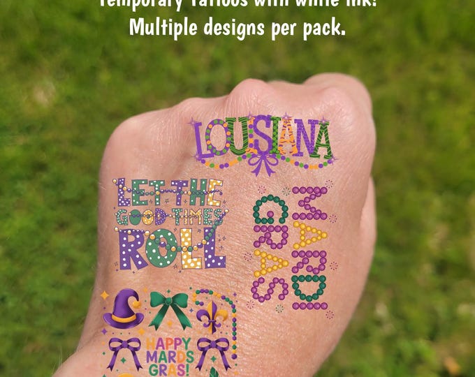 Temporary Tattoos for Mardi Gras - Mardi Gras parade tattoos, New Orleans bachelorette party tattoos, Mardi Gras girls trip, bows and beads