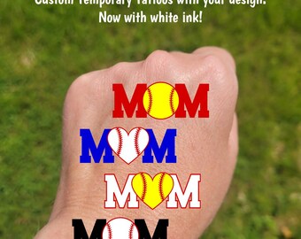 Custom Temporary Tattoos for Mother's Day - heart baseball or softball with MOM, Team Spirit, School colors, spring tournament, baseball mom